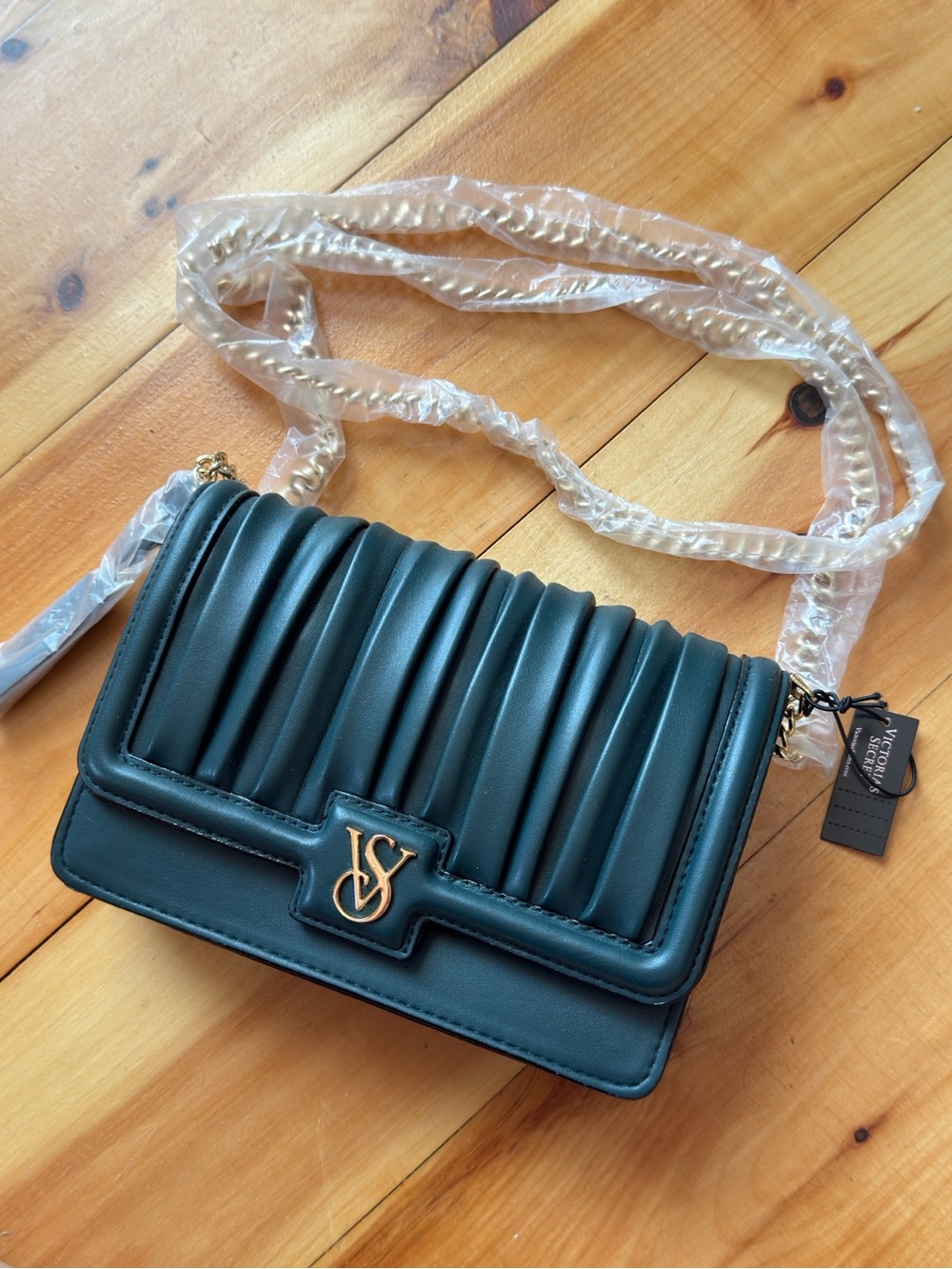 Victoria's Secret Dark Teal Quilted Mini Crossbody with Gold Logo